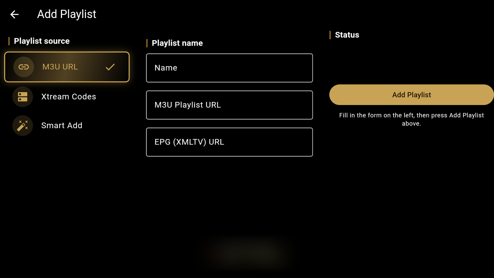 VesperTV's Add Playlist screen: three source options on the left, a name field and URL fields in the middle, and an Add Playlist button on the right.