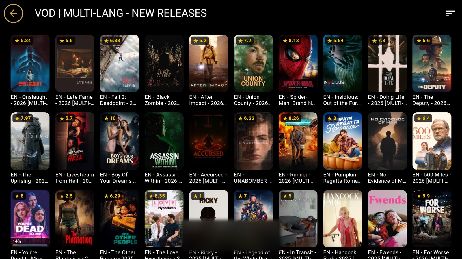 VesperTV's Expand Catalog screen: a full poster grid for one VOD category, showing many movie posters with rating badges.