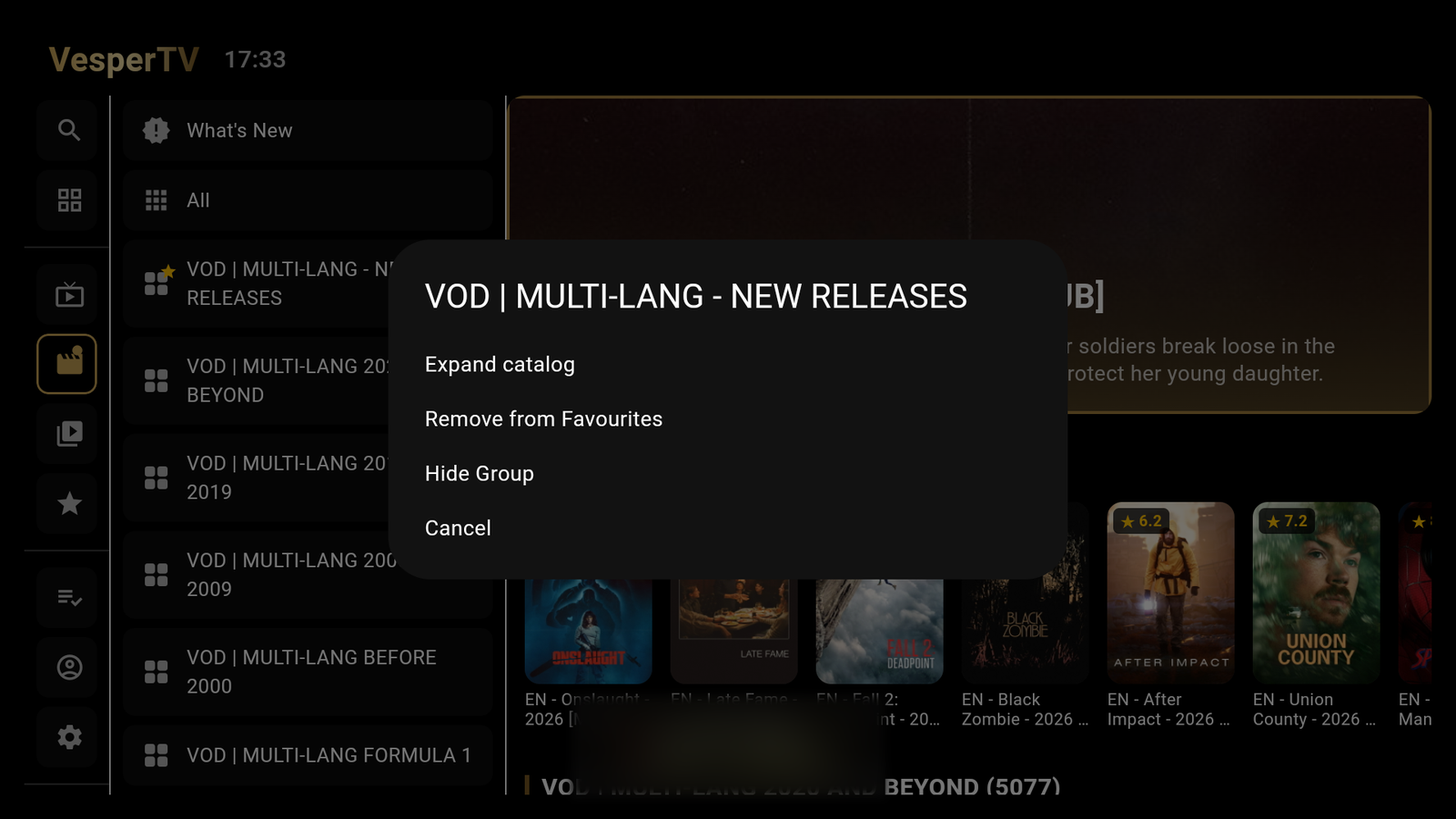 VesperTV's group menu opened over the movies screen, offering Expand catalog, Remove from Favourites, Hide Group and Cancel.