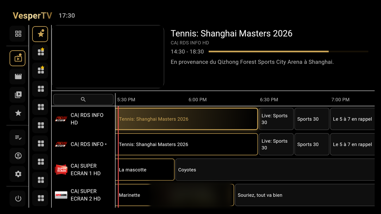 VesperTV's timeline guide: a channel list down the left beside a scrolling programme grid showing several hours of schedule, with the focused programme's title, time range and description above it.