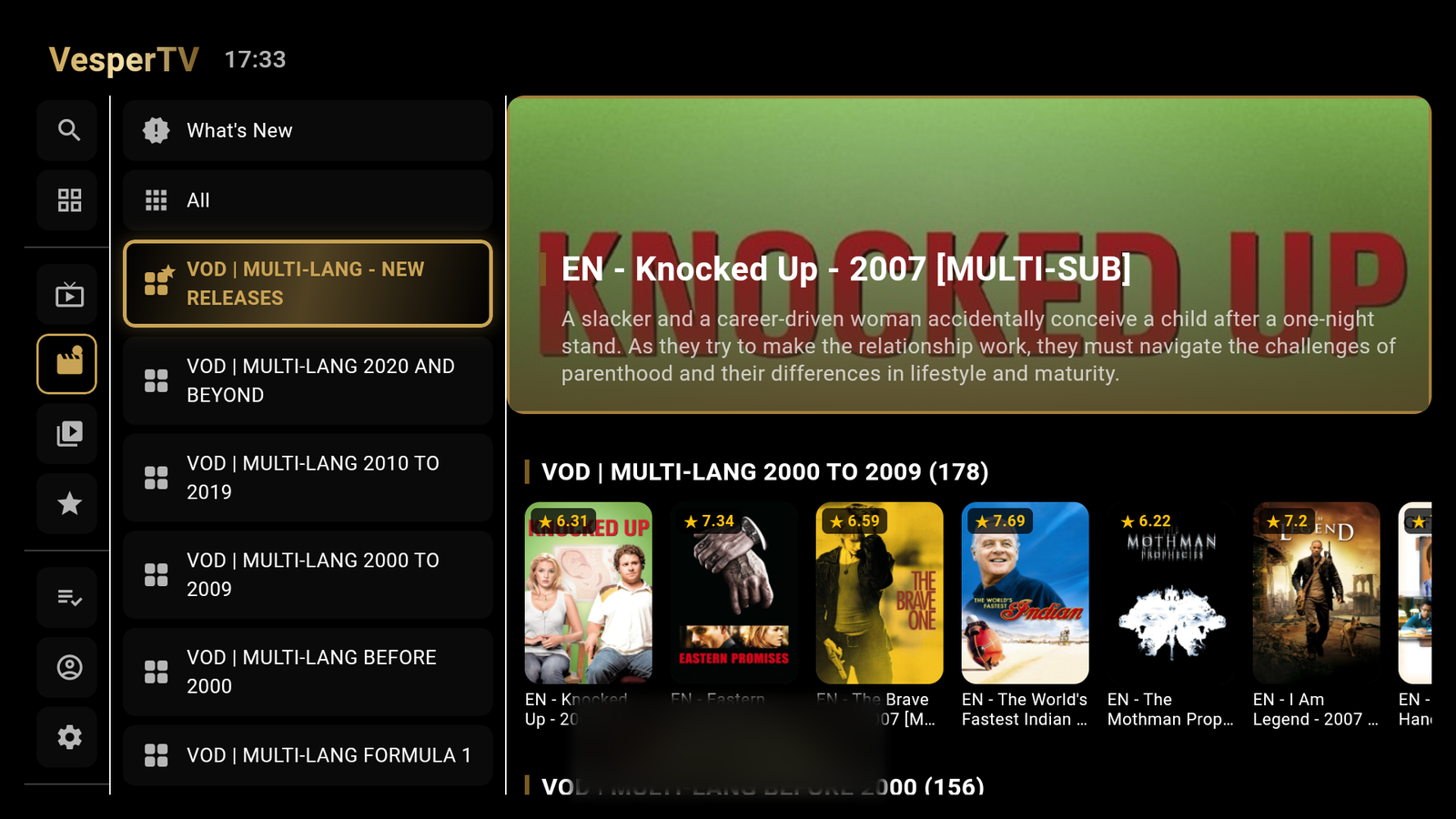 VesperTV movies screen: a hero banner, a category list along the side and a row of film posters with rating badges.
