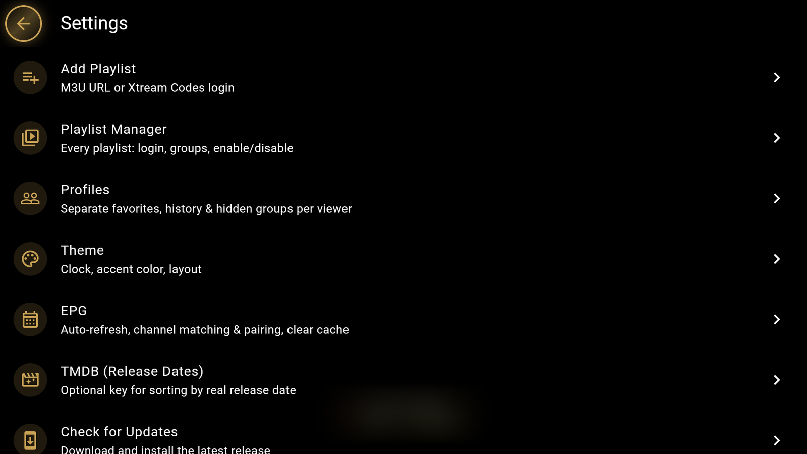 VesperTV's settings screen laid out for a remote: large, widely spaced rows for Add Playlist, Playlist Manager, Profiles, Theme, EPG and Check for Updates.